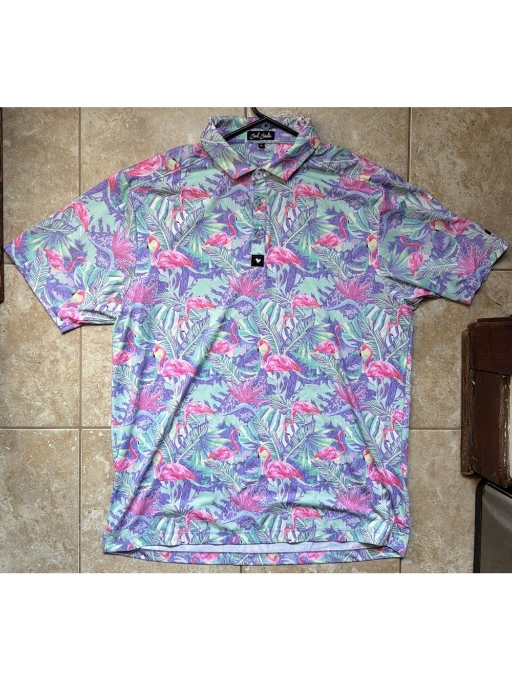 XL - Men - Bad Birdie Polo Shirt Flamingo and Tropical Leaf